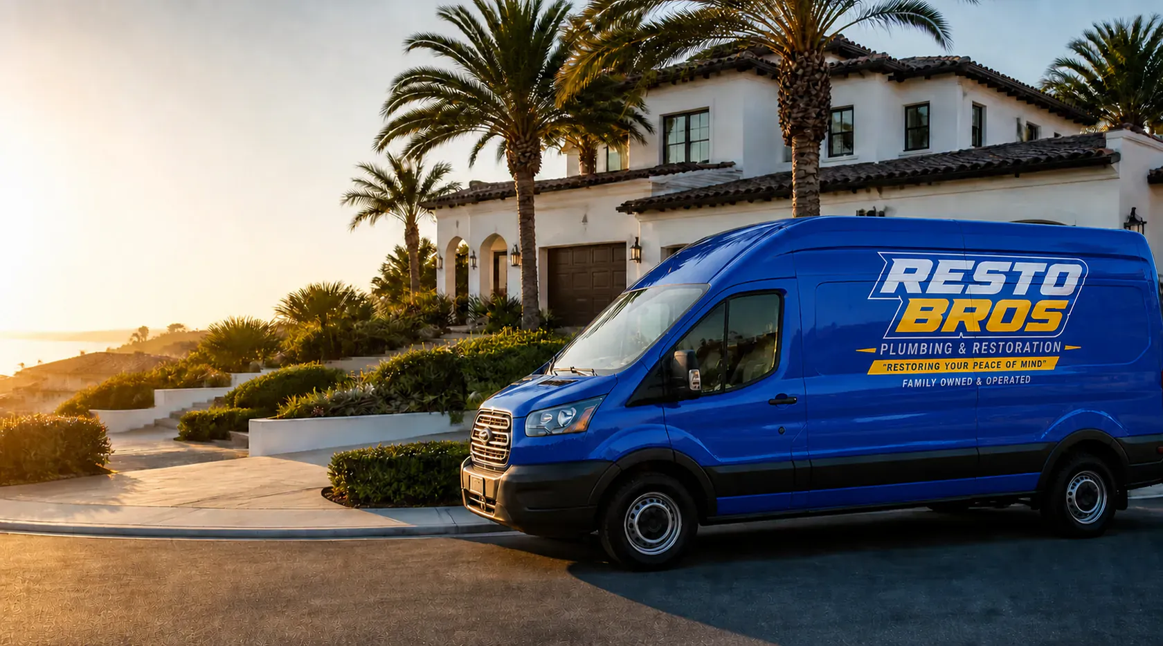 Brand-blue Resto Bros service van outside a Southern California home