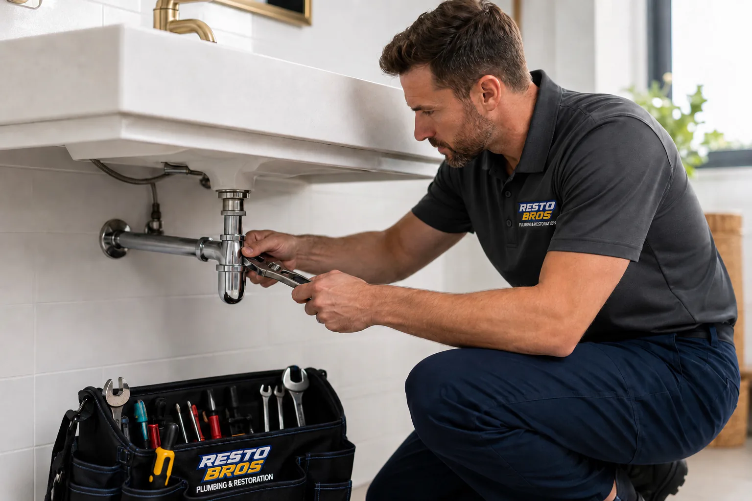 Professional plumber repairing pipes beneath a bathroom sink