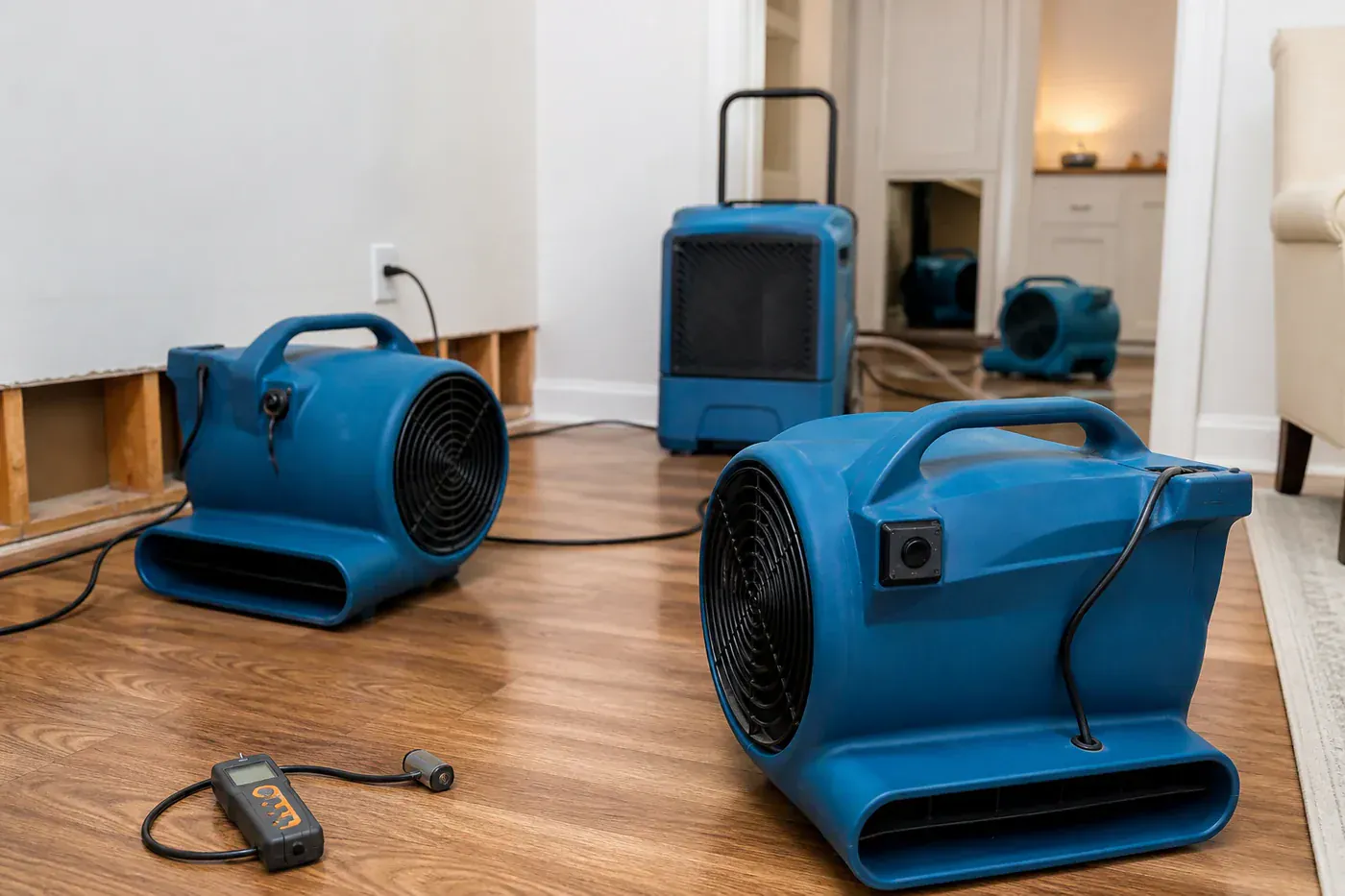 Professional blue air movers drying a residential property